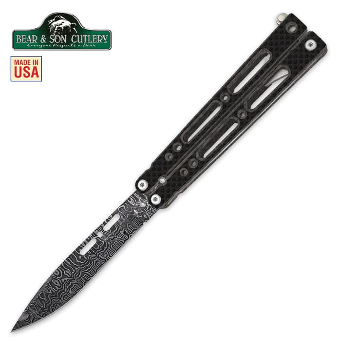 Bear and Son Black Carbon Fiber Butterfly Knife - Damascus Steel Blade, Aircraft Aluminum Handle