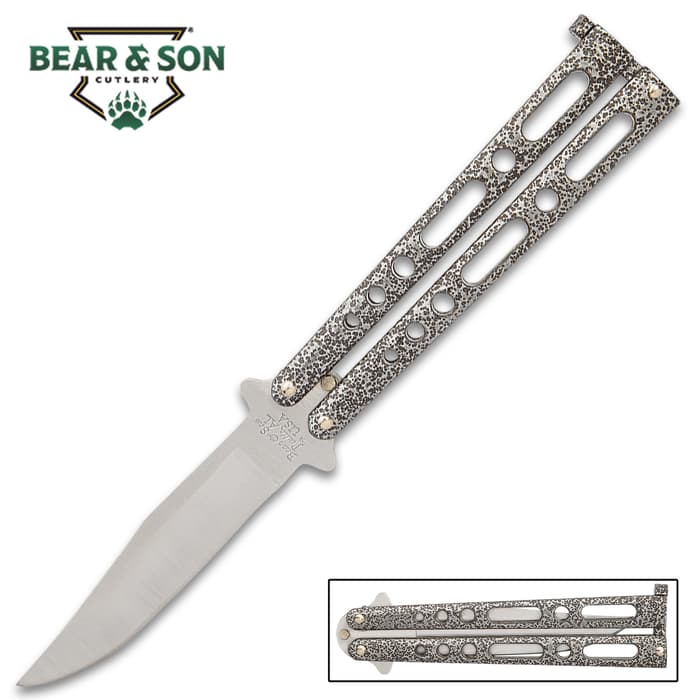Bear & Son Silver Vein Handle Butterfly Knife - Stainless Steel Blade, Double-Tang Pin Design, Die Cast Metal Handles - 5 1/8” Closed