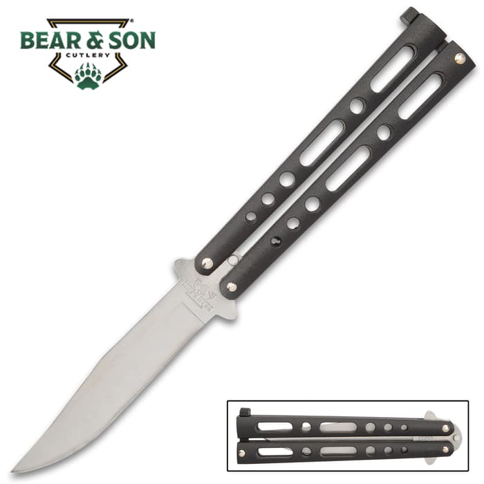 Bear & Son Black Handle Butterfly Knife - Stainless Steel Blade, Double-Tang Pin Design, Die Cast Metal Handles - 5 1/8” Closed