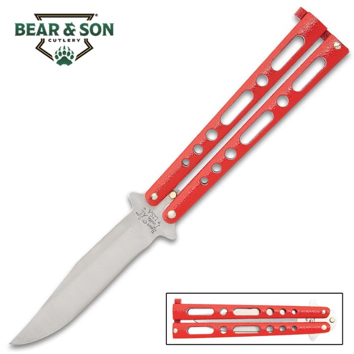 Bear & Son Red Handle Butterfly Knife - Stainless Steel Blade, Double Tang Pin Design, Metal Alloy Handles - 5 1/8” Closed