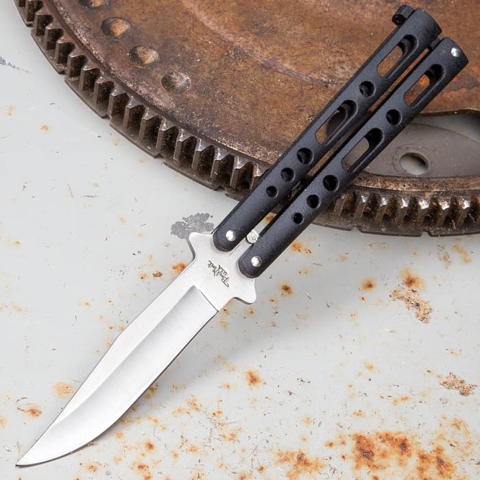 Black Skeleton Butterfly Knife has a 4” stainless steel clip point blade and black skeletonized handle.