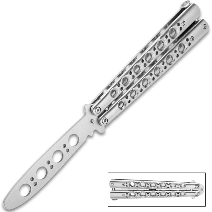 Silver Skeleton Butterfly Trainer shown with stainless steel handles and faux blade with weight-reducing thru-holes throughout.