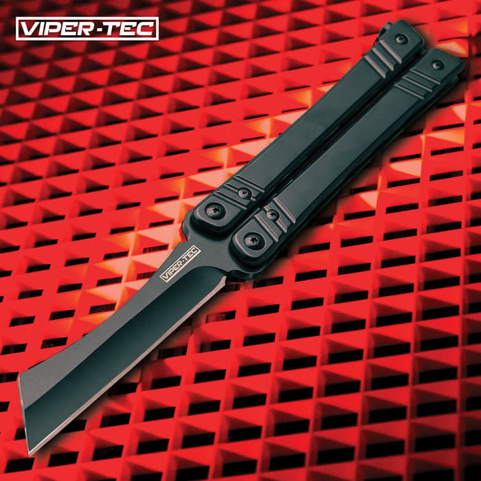 Viper-Tec Cleaversong Butterfly Knife has a 8Cr13 stainless steel cleaver-style blade and black handles, shown on red background.
