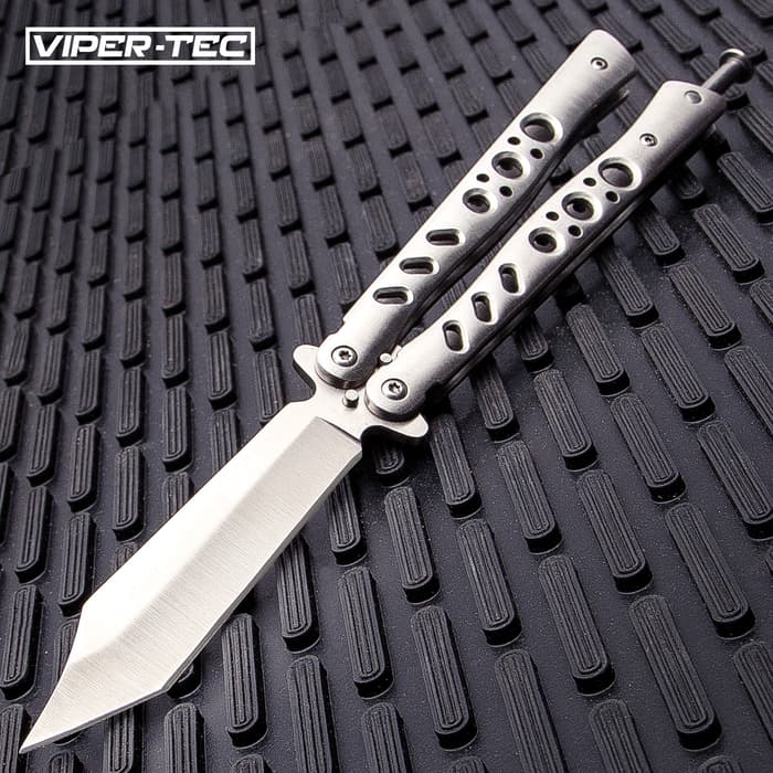 Viper-Tec Scorpion Tip Balisong Knife has a scorpion tip tanto blade and polished stainless steel skeletonized handles.