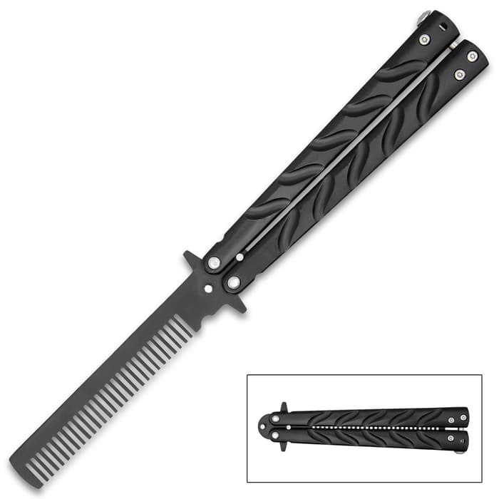 If you haven’t yet mastered your butterfly knife skills, then this butterfly comb trainer knife is a great place to start