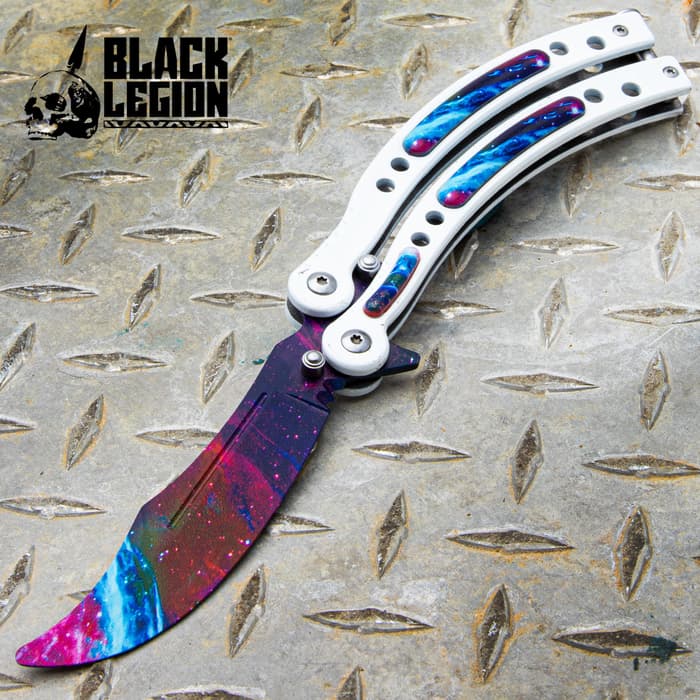Perfect your flipping moves in cosmic style with our White Galaxy Butterfly Knife Trainer or use for martial arts performances