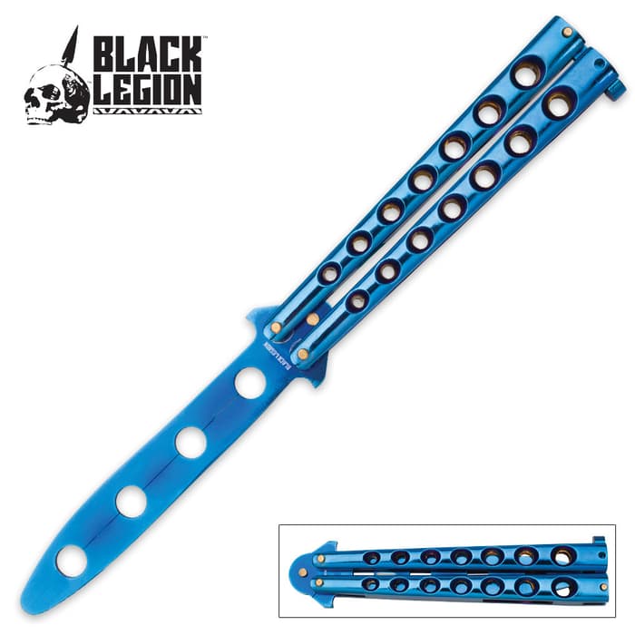 Black Legion Balisong Butterfly Trainer Knife is made of stainless steel with blue titanium finish with false edged blade.