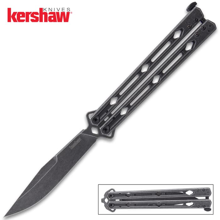 Kershaw Lucha BlackWash Butterfly Knife - 14C28N Stainless Steel Blade, Steel Handle, Dual KVT Ball-Bearing Pivots - Closed 5 4/5”