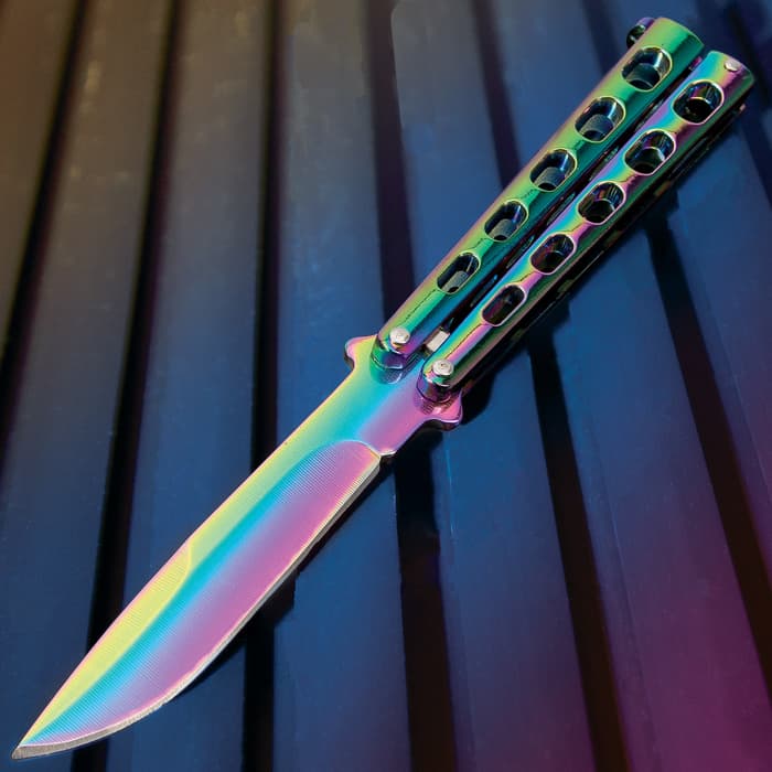 Rainbow Slotted Butterfly Knife - Stainless Steel Blade, Skeletonized Steel, Latch Lock, Steel Handle - Length 9”