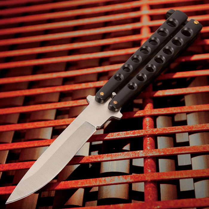 Black Beast Butterfly Knife - Stainless Steel Blade, Skeletonized Handle, Latch Lock, Steel Handle, Double Flippers - Length 9”