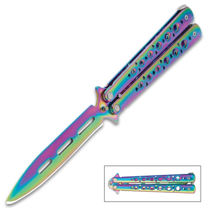 The Rainbow High-Polish Butterfly Knife shown open and closed