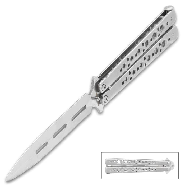 The High-Polish Stainless Steel Butterfly Knife both open and closed