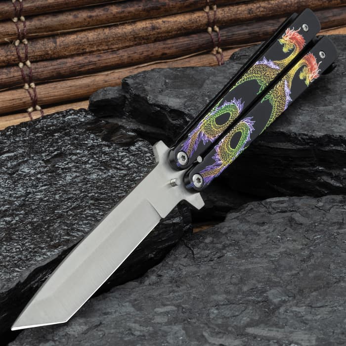 Twin Dragons Purple And Blue Butterfly Knife - Stainless Steel Blade, Aluminum Handle, Vivid Artwork, Latch Lock - Length 8 3/4”