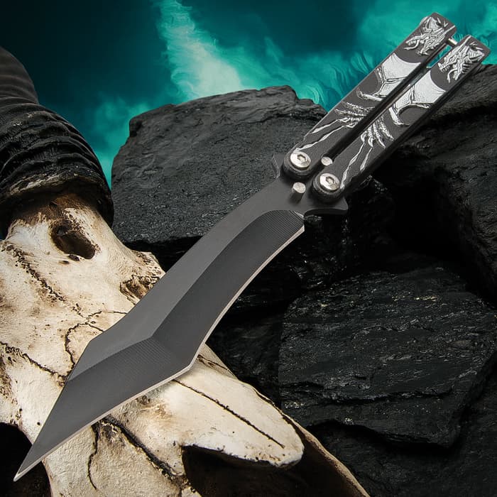 Ghost Dragon Butterfly Knife - Stainless Steel Blade, Black Non-Reflective Finish, Raised Artwork, Latch Lock - Length 9 1/4”