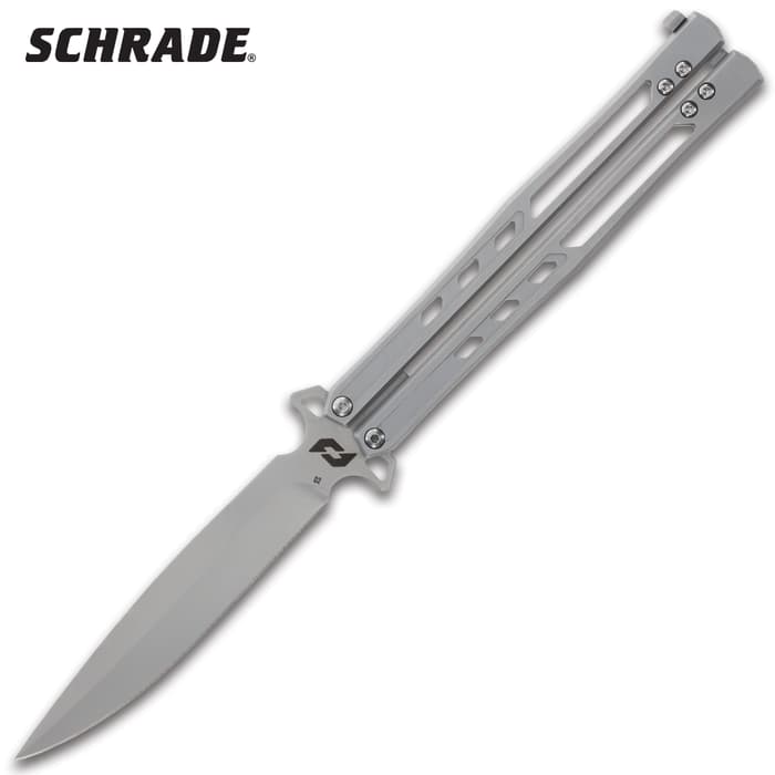 Schrade Alkemyst Butterfly Knife - D2 Tool Steel Blade, Stainless Steel Handles, Spring Latch Lock, USA Made