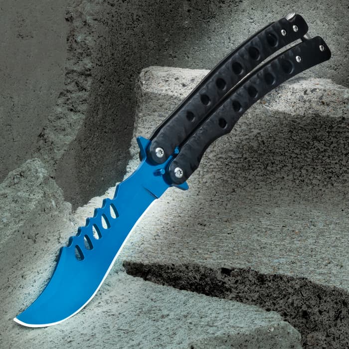 The Electric Blue Butterfly Knife with its blade out
