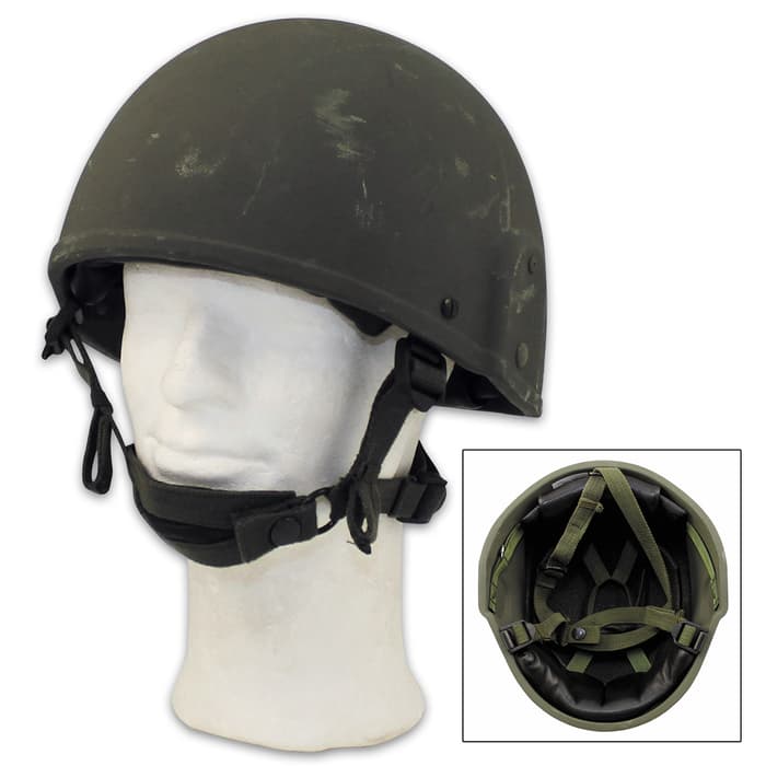 British Military GS MK6 OD Helmet - Military Surplus, Used Condition, Ballistic Nylon Construction, Adjustable Chin Strap