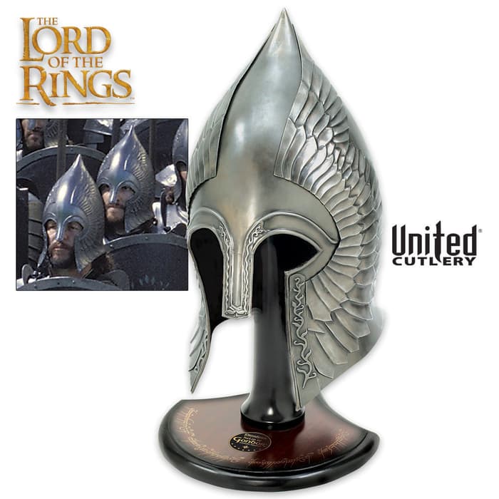 The Gondorian Infantry Helm displayed on its stand