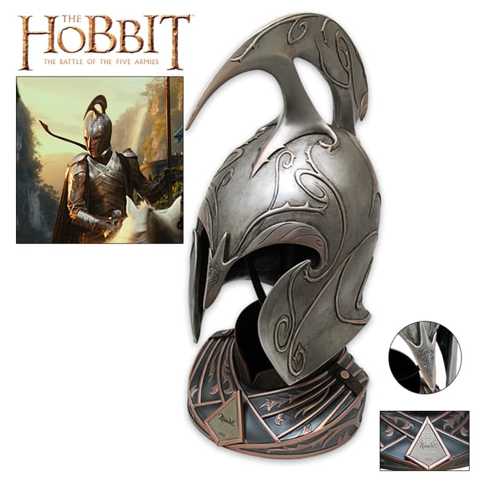The Lord of the Rings Rivendell Elf Helm has an ornate display stand and is individually serial numbered. 