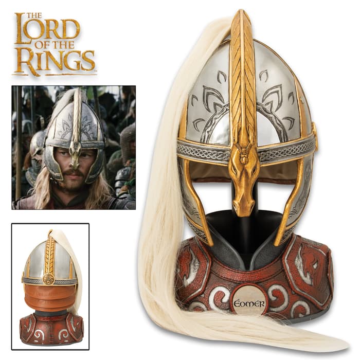 This reproduction helm is precisely detailed and modeled after the actual filming prop used in “The Lord of the Rings” movies