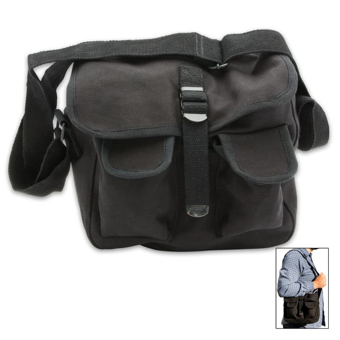 Black Ammo Bag - 100 Percent Cotton Canvas, Nylon Webbing Shoulder Strap, Velcro Closures, Cartridge Pockets