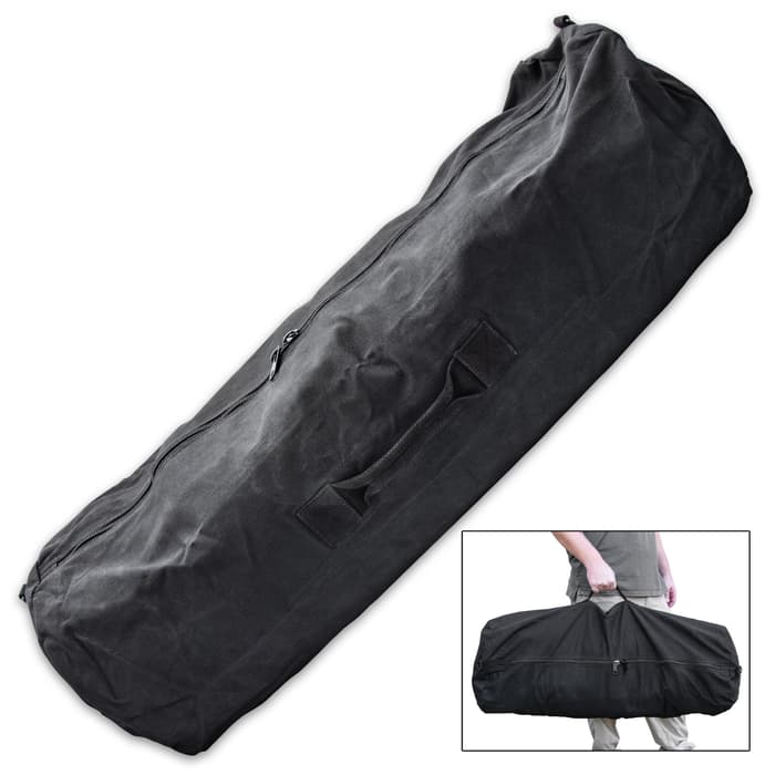 Black Medium Side Zipper Duffle Bag - 100 Percent Cotton Canvas Construction, Metal Zipper - Dimensions  21”X 36”
