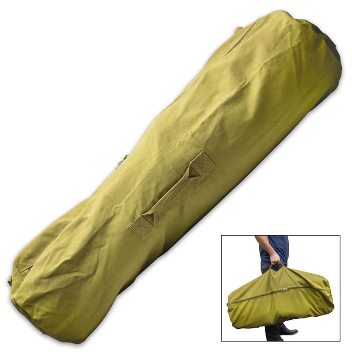 Olive Drab Small Side Zipper Duffle Bag - 100 Percent Cotton Canvas Construction, Metal Zipper - Dimensions 25”X 42”