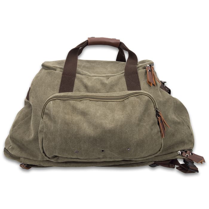 Outback Series Green Duffle Backpack - Canvas Construction, Soft Lining, Spacious Interior, Leather Accents, Multiple Pockets, Metal Hardware