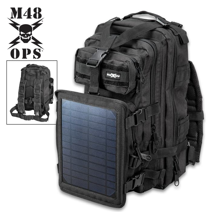 M48 OPS Tactical Solar Panel Backpack - Charges Device Via USB Port, Made of 600D Oxford Material, MOLLE Straps, ABS Hardware