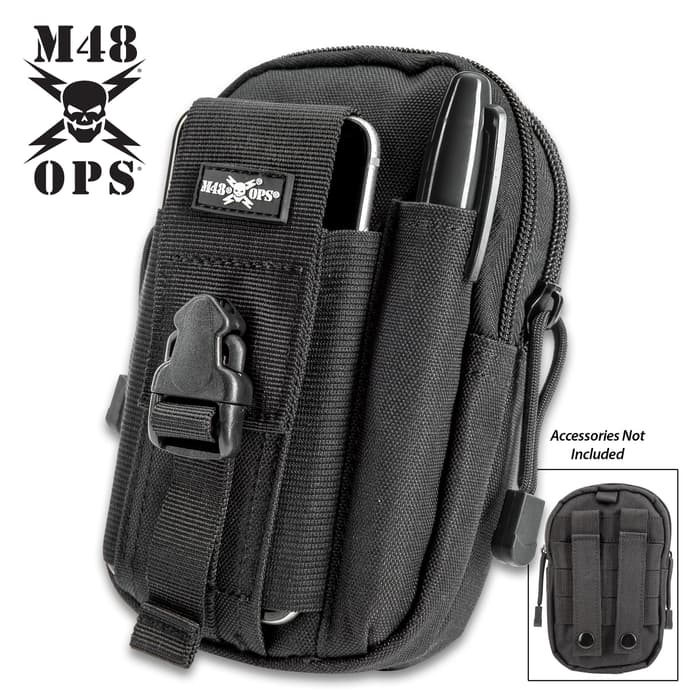 M48 Black Tactical Waist Bag With Phone Case - Heavy-Duty Nylon Construction, Multiple Pockets, Belt Straps, MOLLE - 7 1/4”x 4 3/4”
