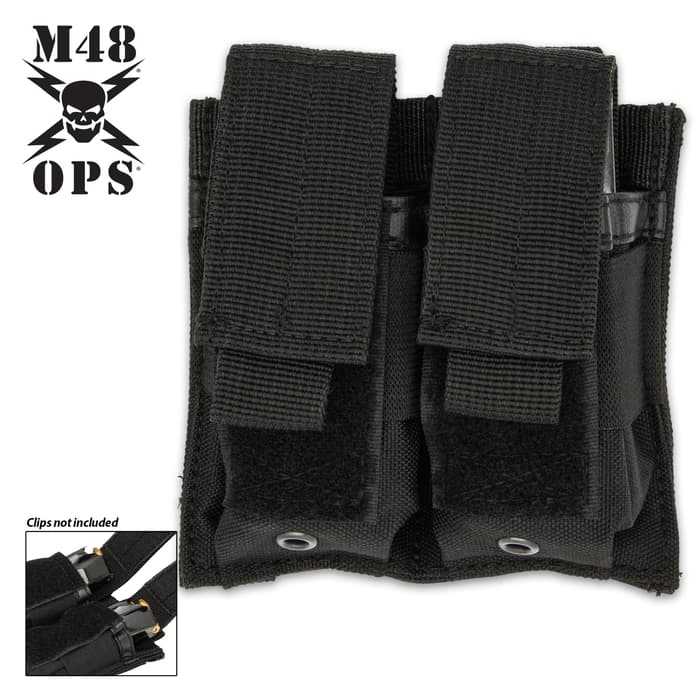 M48 Black MOLLE Double Pistol Mag Pouch - 600D Polyester Construction, Nylon Webbing Flaps, Hook And Loop Closure