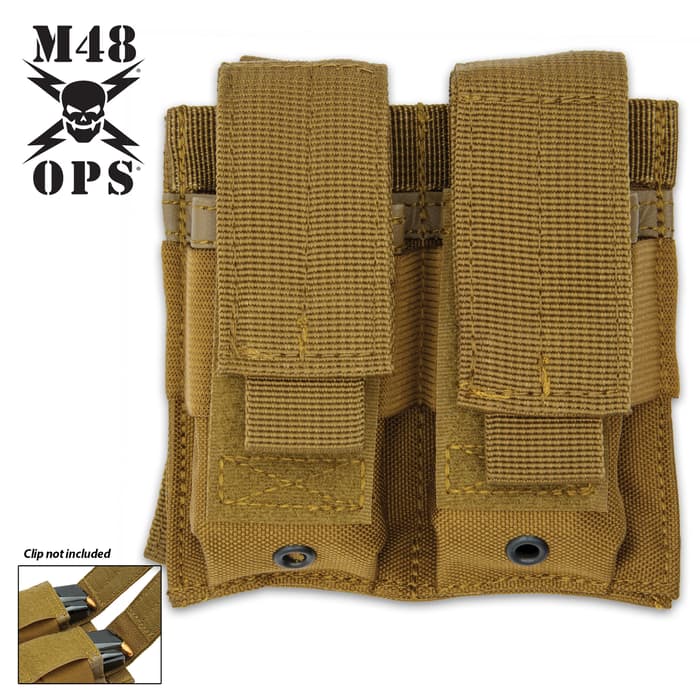 M48 Coyote Brown MOLLE Double Pistol Mag Pouch - 600D Polyester Construction, Nylon Webbing Flaps, Hook And Loop Closure