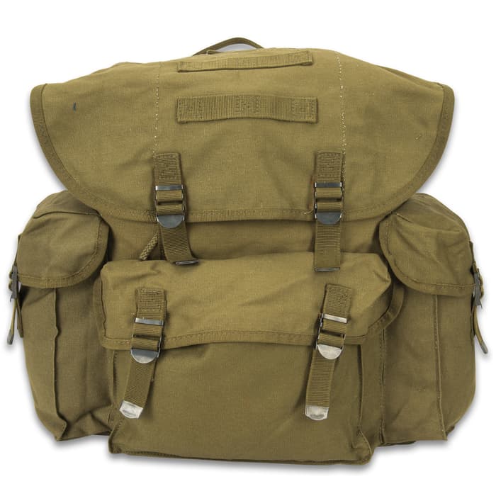 The spacious Mil-Tec NATO Rucksack is 100-percent cotton, olive drab canvas with nylon webbing straps and buckles and a drawstring top
