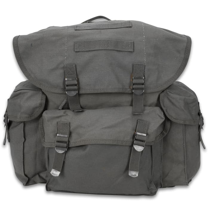 The spacious Mil-Tec NATO Rucksack is 100-percent cotton, black canvas with nylon webbing straps and buckles and a drawstring top