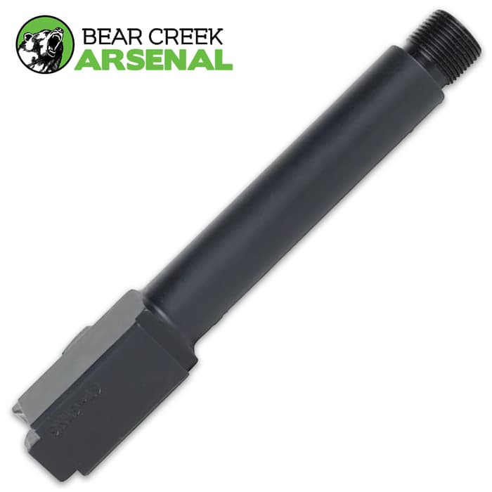 The BCA Threaded Replacement Barrel for OEM Glock 19 handguns is manufactured by Bear Creek Arsenal in Sanford N.C.