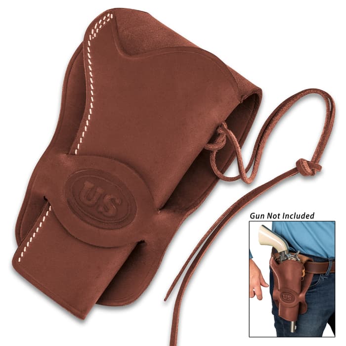 US Cavalry Six-Gun Revolver Holster - Premium Leather, Top-Stitching, Leather Securing Thongs, Belt Loop Flap - Length 8 1/4”