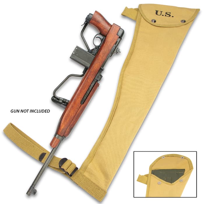WWII M1A1 Carbine Padded Jump Holster - Canvas Construction, Nylon Webbing Straps, Metal Hardware, Magnetic Snaps - Length 27”