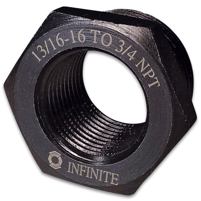13/16-16 To 3/4 NPT Thread Adapter - Black Oxidized Steel Construction, Fits Infinite Muzzle Devices