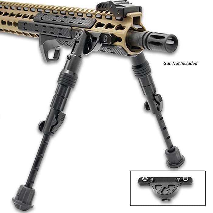 The bipod directly attaches to Keymod handguards at the 3 and 9 o’clock positions and is center height adjustable from 5 7/10” to 8”