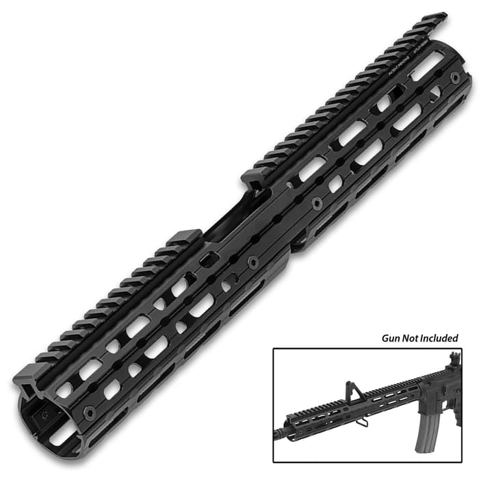 The drop-in rail features 45 M-LOK compatible slots on seven slot tracks for mounting M-LOK rails and direct accessories