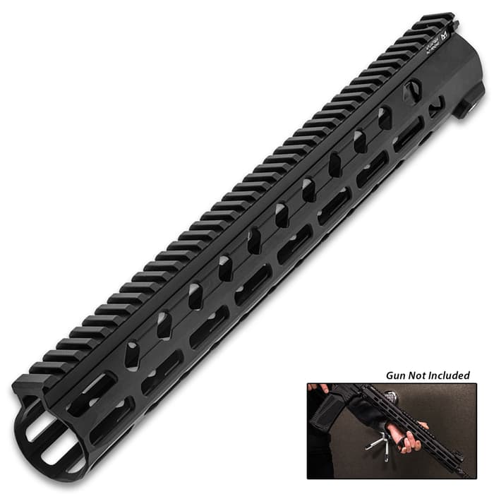 It features 24 M-LOK slots across three slot tracks for mounting accessories, with an additional four slots at the front