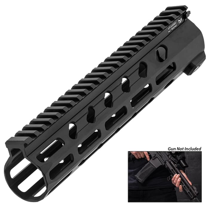 It features 15 M-LOK slots across three slot tracks for mounting accessories, with an additional four slots at the front