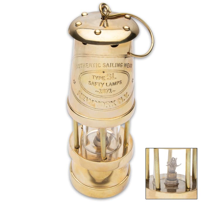 Brass Mining Oil Lamp - Brass And Glass Construction, Cotton Wick, Working Lamp, Hanging Hook - 7 1/4” Tall