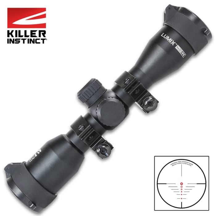 The scope features multi-reticle aim points that have rheostat brightness illumination in red or blue for low light settings
