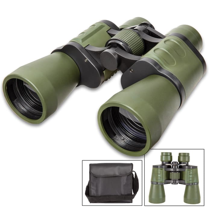 10X50 Wide Angle Binoculars With Case - Metal Frame, Rubberized Body, Blue-Coated Lenses, Focus Wheel - Dimensions 7 1/2”x 7 1/2”