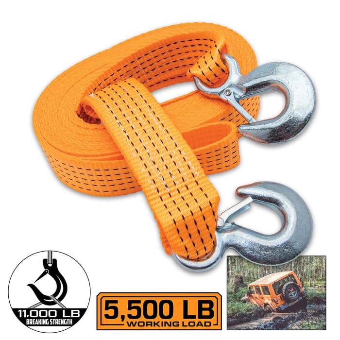 BugOut 20-Foot Automotive Tow Strap - 2 1/4 Ton Tow-Rating, Reinforced Polyester Webbing, Heavy-Duty Steel Hooks