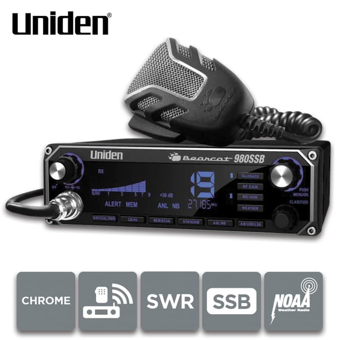 Uniden Bearcat 980SSB CB Radio - 40 Channels, 7-Color Display, Noise Cancelling Microphone, PA Switch, Dimmer Switch