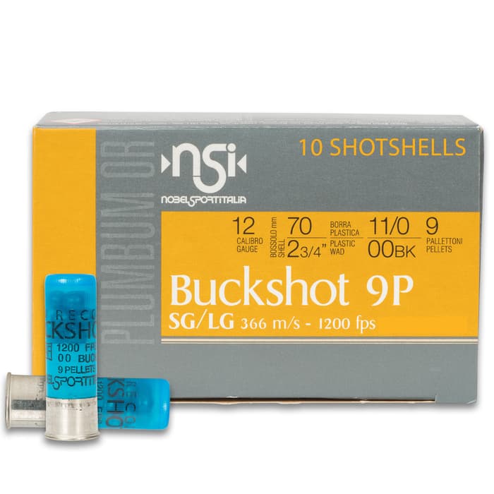 12-Gauge 00 Buckshot Shotgun Shells - 10-Count, 2 3/4” Plastic Hull, Rolled Rim, 9 to 12 Lead Pellets, 1,200 FPS