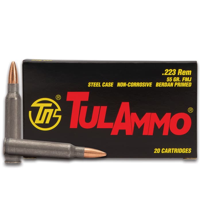 TulAmmo .223 Rem Rifle Ammo - Box Of 20 Rounds, Full Metal Jacket, 55 Grains, Lead Core, Berdan Primed, 2953 FPS