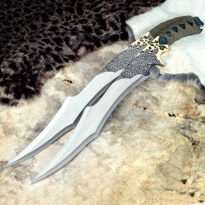 Jungle Suede Flyers Twin Sword Set With Scabbard - Crackled Black Finish, Suede-Wrapped Handles, Gold-Plated Accents - 19" Length